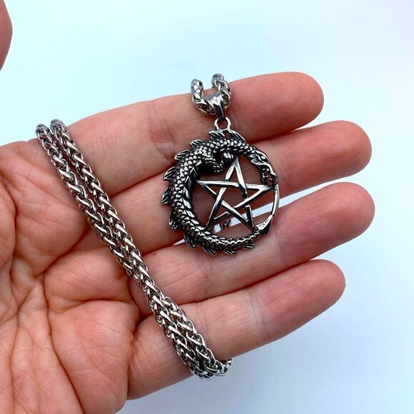 Stainless Steel Dragon Pentagram Necklace Wheat Chain - Picture 4 of 4